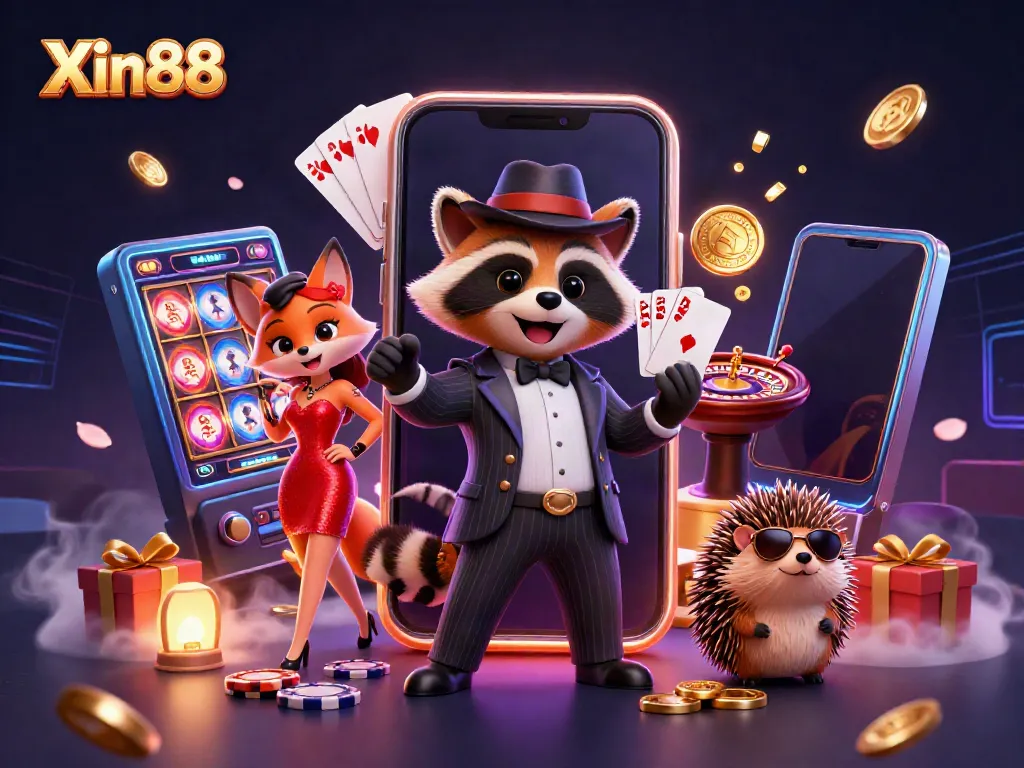 Experience the excitement of Xin88 with charming characters and vibrant casino elements in a dynamic scene.