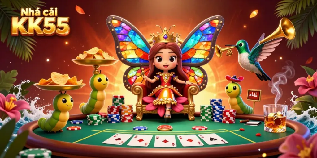 Experience the vibrant scene of Nhà cái KK55 showcasing a butterfly queen and poker elements in a lavish casino.