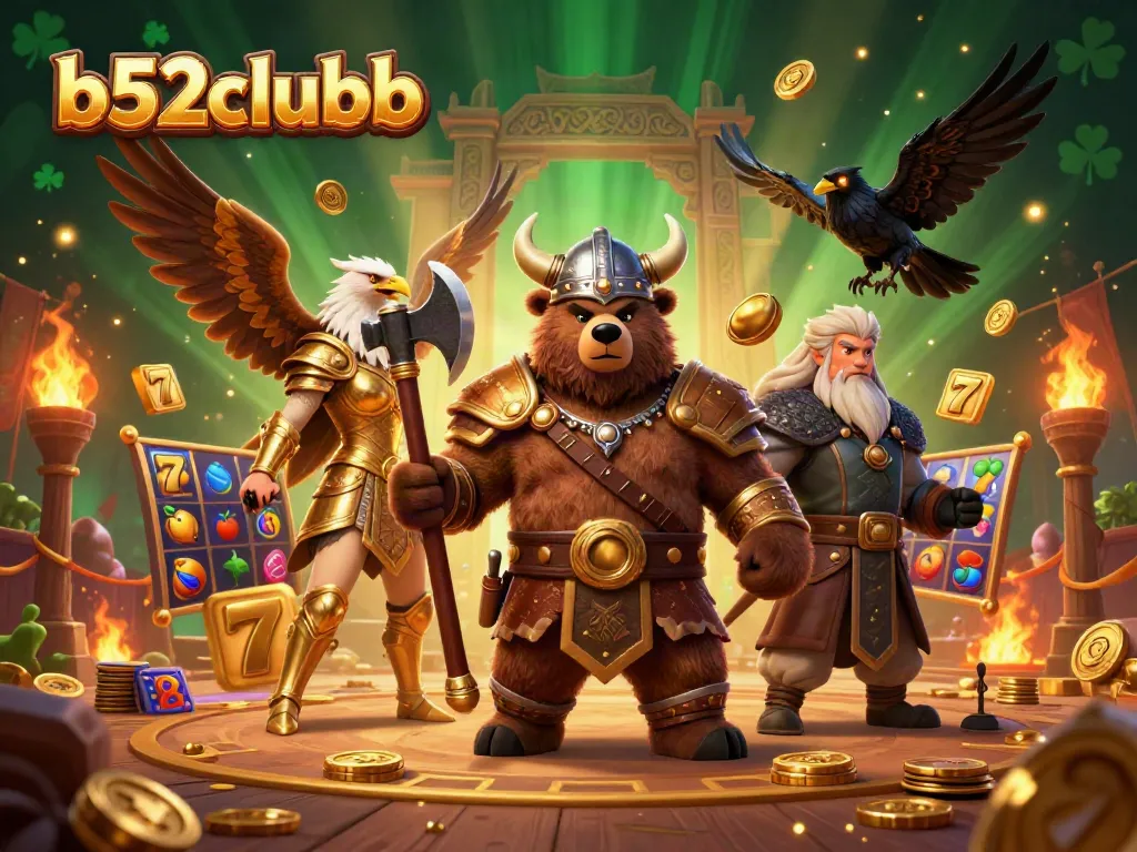 Bettors engage with the b52clubb casino as a Viking berserker bear and Valkyrie eagle animate a dynamic gaming scene.