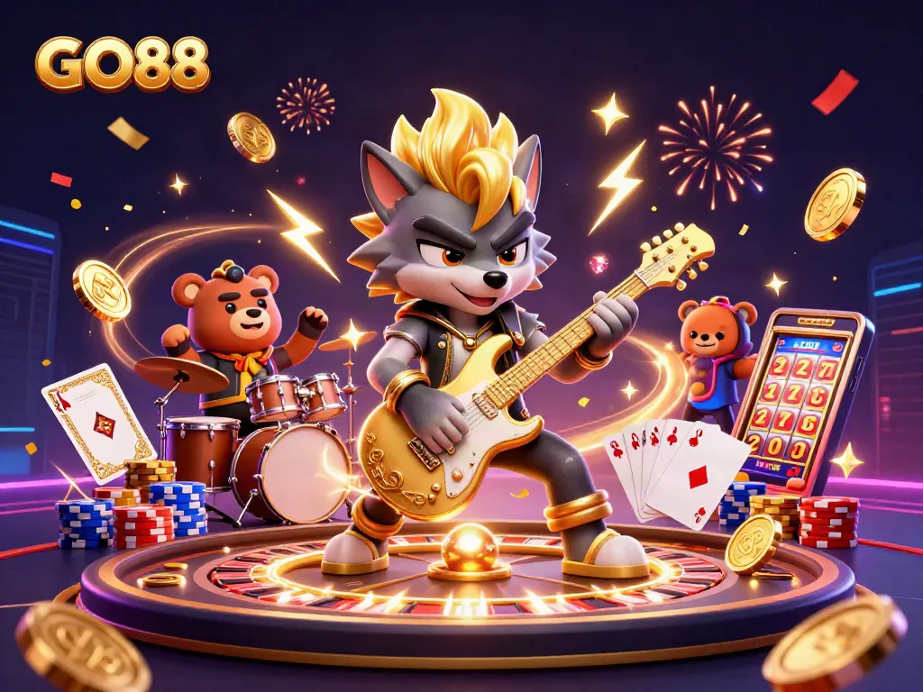 Experience excitement at GO88, where a wolf rock star and bear drummer energize the casino stage!