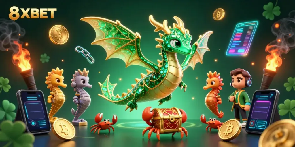 Experience the excitement of 8XBET with vibrant 3D illustrations showcasing casino elements.