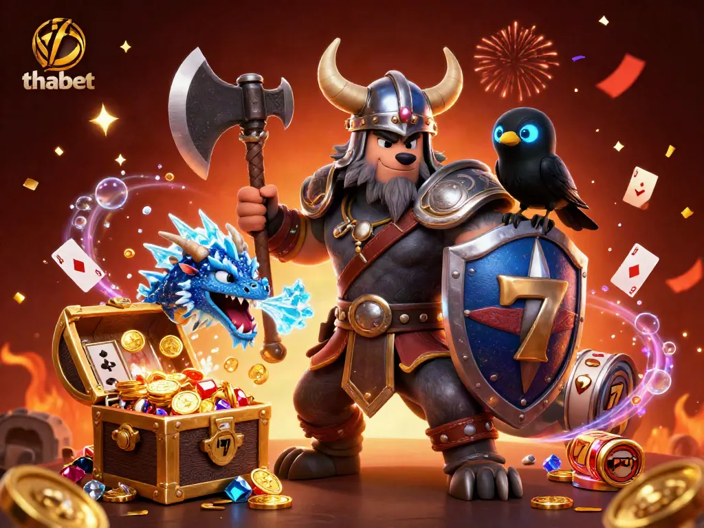 Experience thabet's thrilling online gambling adventure with a vivid 3D illustration of Viking warriors and game elements.