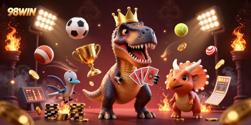 98WIN showcases T-Rex and friends enjoying a dynamic gaming scene filled with excitement