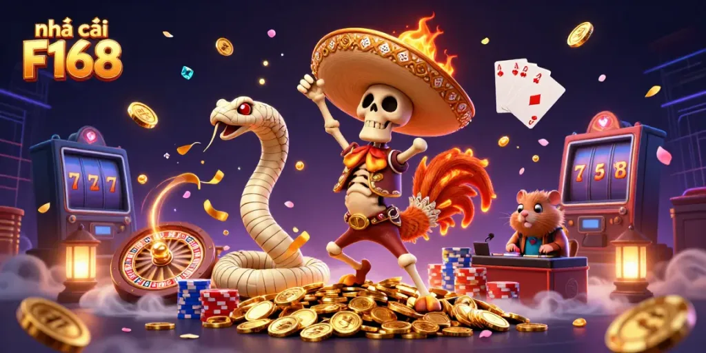Engage in thrilling gameplay at Nhà cái F168 with vibrant casino characters amidst golden coins and exciting elements.