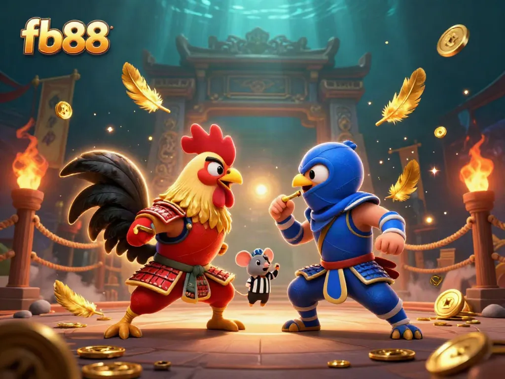 Experience an epic showdown at fb88 with samurai and ninja roosters in a vibrant casino arena.