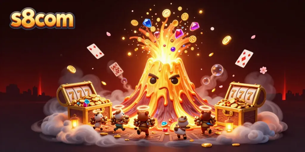 Experience thrilling casino action with s8com as a volcano erupts with treasures in a vibrant 3D scene.