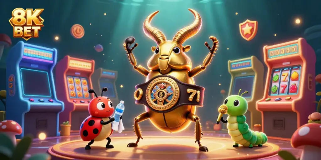 Experience the excitement of 8K BET with a vibrant casino atmosphere featuring a boxing beetle and gaming elements.