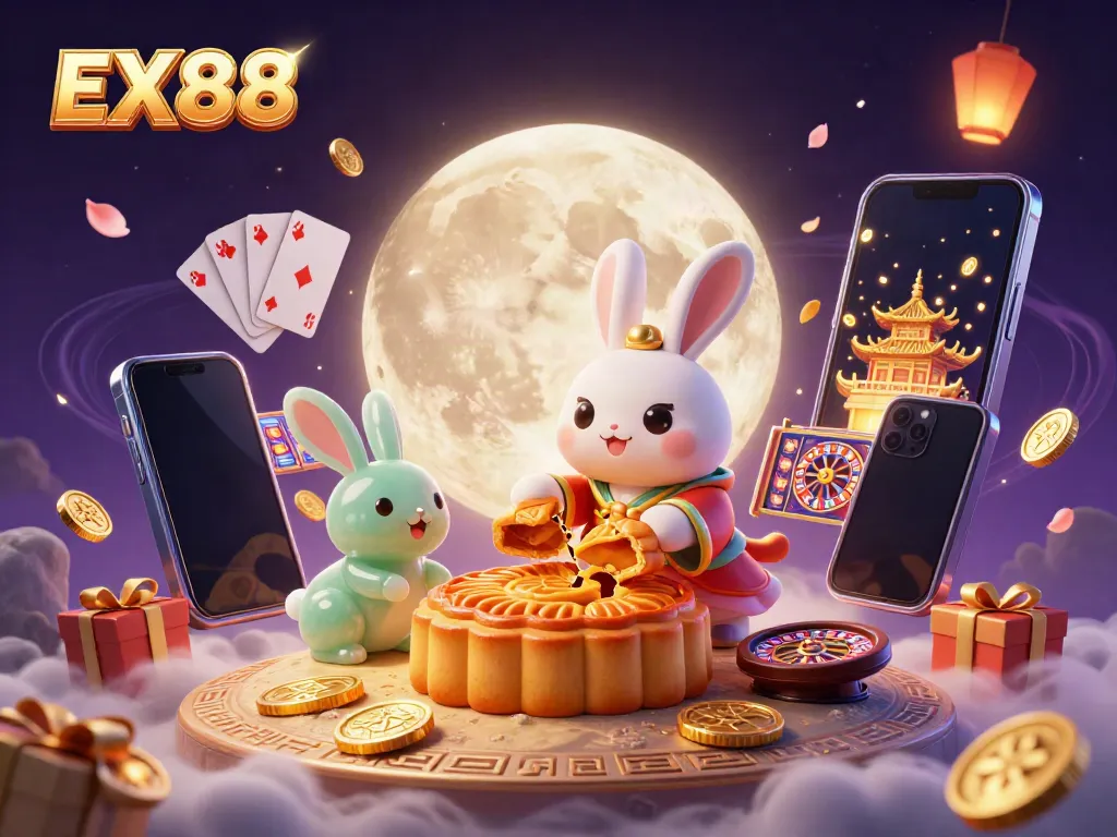 Experience the magic of EX88 with festive gaming elements from slots and poker on the moon.