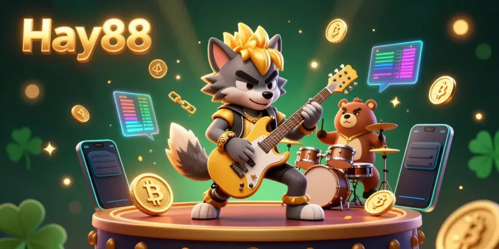 Experience the vibrant Hay88 casino atmosphere with a wolf rock star and drummer bear surrounded by crypto coins.