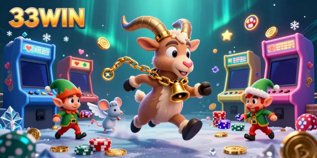 Experience the thrilling casino atmosphere at 33WIN with festive characters and vibrant game elements.