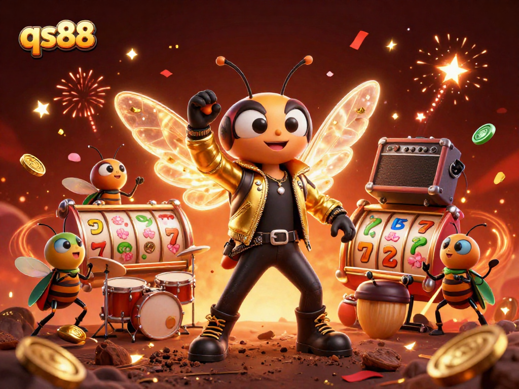 qs88 spins vibrant slot reels with a cicada rock star and lively casino celebration