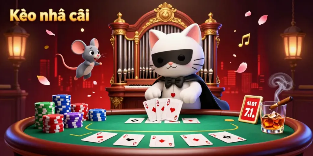 Experience Kèo nhà cái with a vibrant 3D casino scene filled with poker elements and whimsical characters.