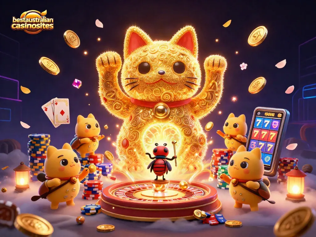 Join the excitement at bestaustraliancasinosites with a vibrant Bitcoin casino illustration featuring lucky symbols and games.