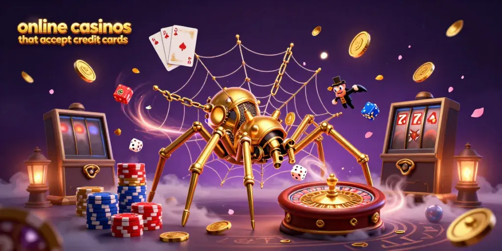 Engage with online casinos that accept credit cards through a dynamic 3D scene showcasing steampunk characters, chips, and coins.