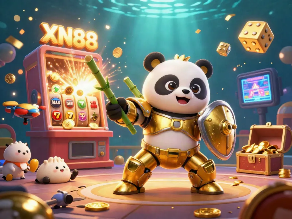 Experience exciting gaming adventures with XN88 featuring a golden panda piloting a bamboo robot in a vibrant casino!