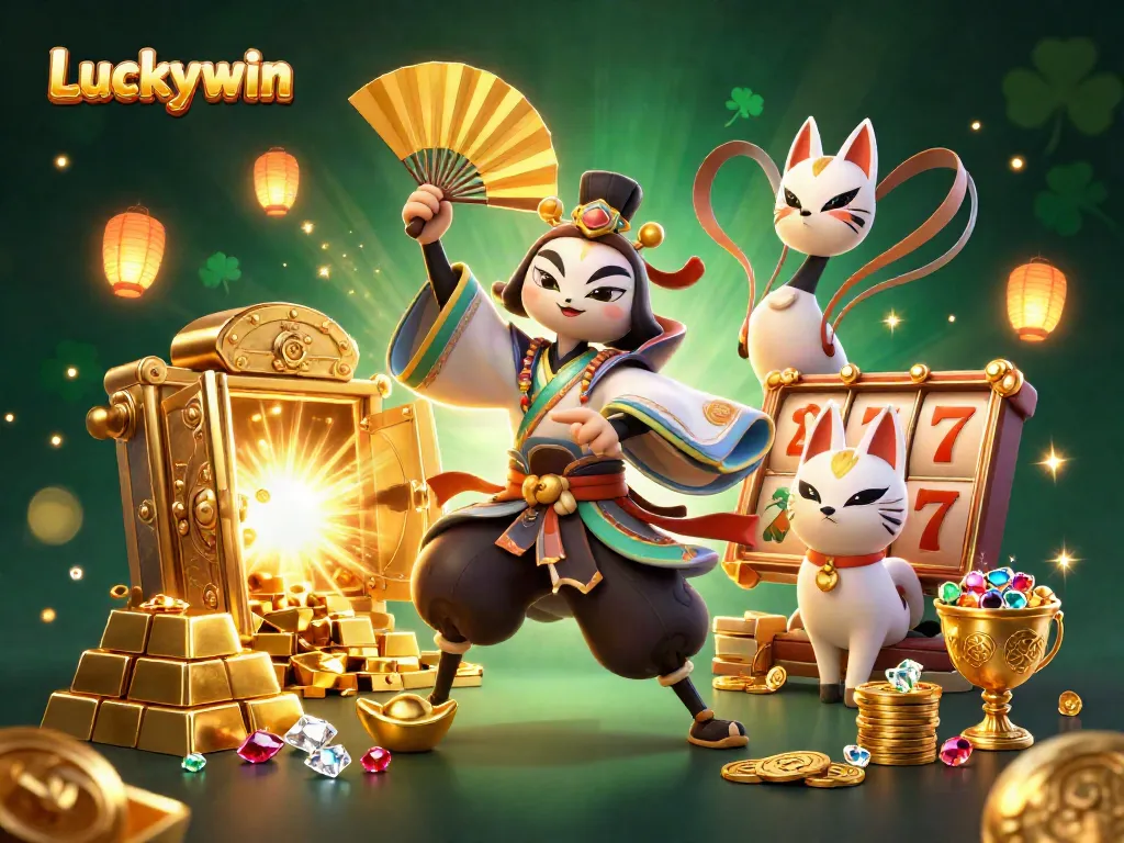 Spin and win with Luckywin, featuring a kabuki crane warrior amidst vibrant casino elements.