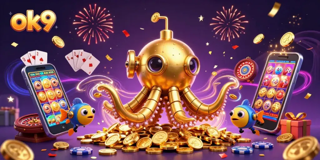 Engage with ok9 as the golden kraken submarine surfaces in a winning slot game scene, rich with prizes.