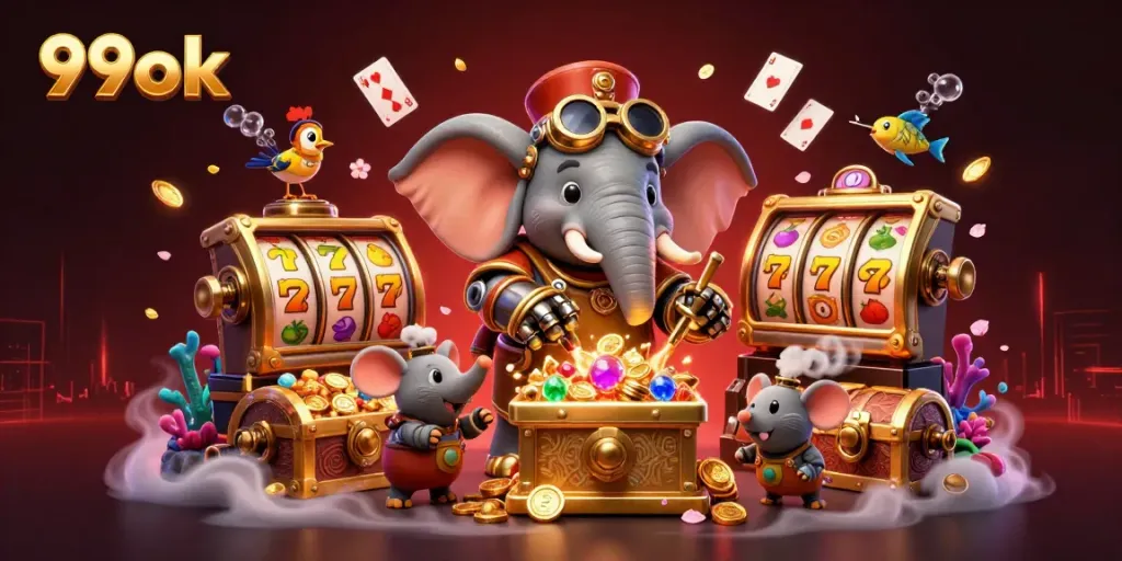 Spin to win at 99ok with a thrilling steampunk slot machine atmosphere full of vibrant casino elements.