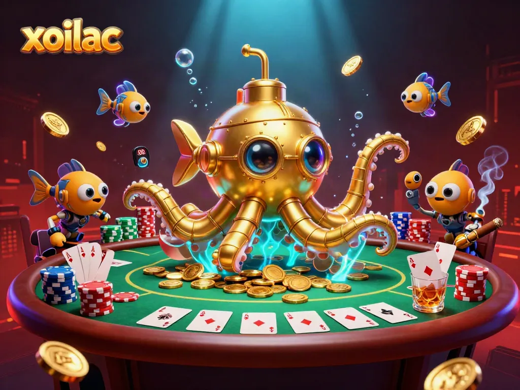 Xoilac showcases an exhilarating poker action scene with a golden kraken submarine amidst coins and cards.
