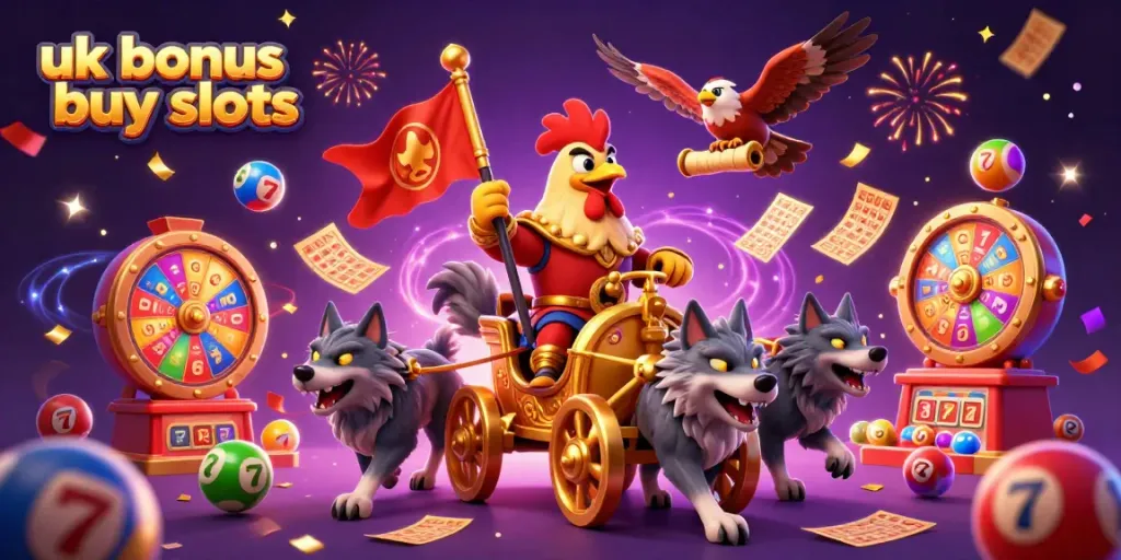 Engage with exciting uk bonus buy slots featuring a dynamic 3D illustration of a rooster warlord and casino elements.