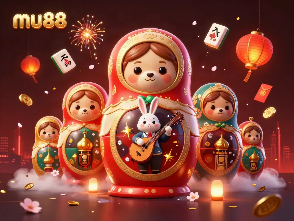 Experience the excitement of mu88 with a vibrant casino-themed illustration featuring a characterful nesting doll bear and dynamic elements.