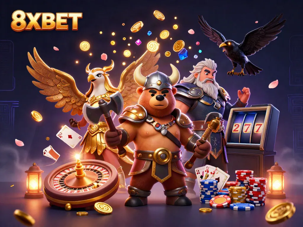 Join the adventure with 8XBET's engaging 3D illustration of Viking characters amidst a vibrant casino atmosphere.