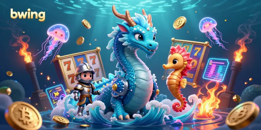 Experience the vibrant gaming action at bwing with interactive slots, showcased by a majestic water dragon and seahorse knight.
