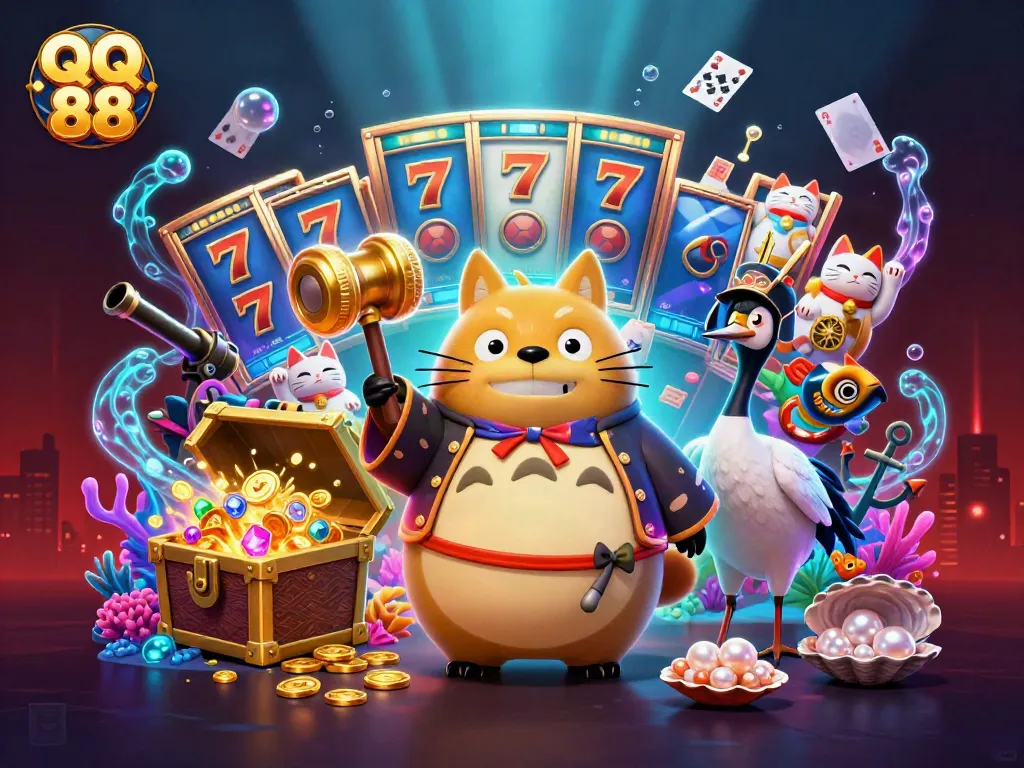 Celebrate winning at QQ 88 with cheerful raccoon and lucky mallet in a detailed casino scene.