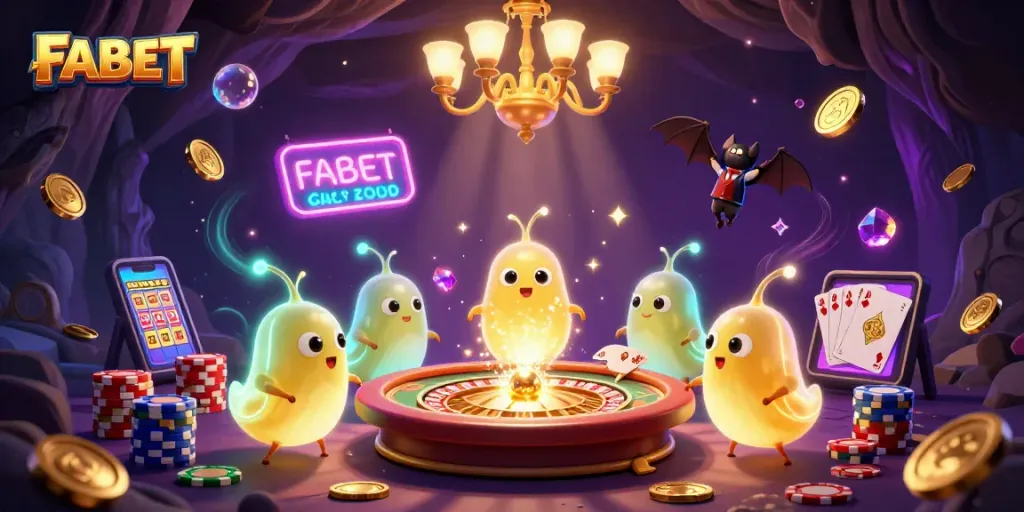 Experience FABET's vibrant casino atmosphere with glowing game characters and dynamic action elements.