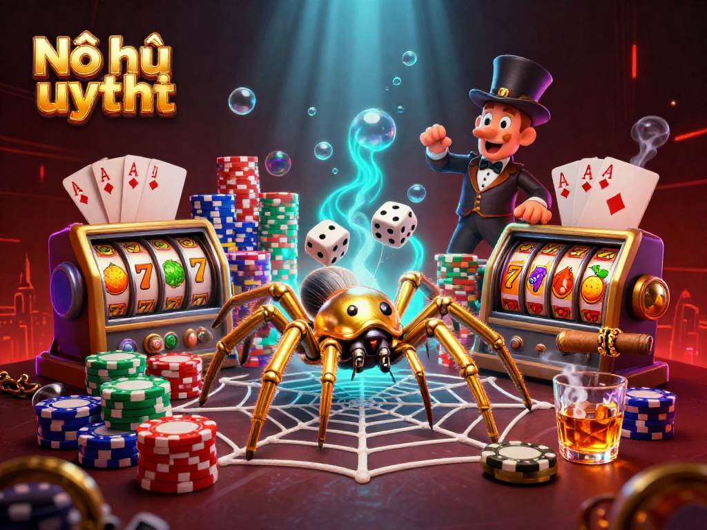 Nổ hũ uy tín: Explore an engaging casino scene showcasing a golden spider, poker symbols, and rich visuals.