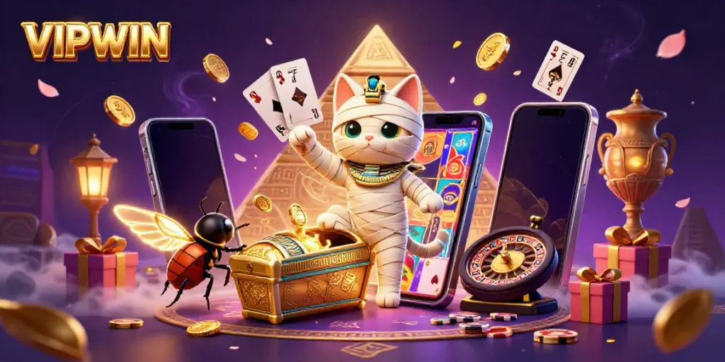 Experience thrilling gameplay at VIPWIN with a cartoon mummy cat and golden coins in an enchanting setting.