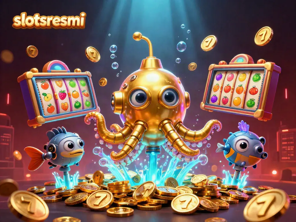Slotsresmi showcases vibrant slot machines and a golden kraken in an awe-inspiring casino scene.