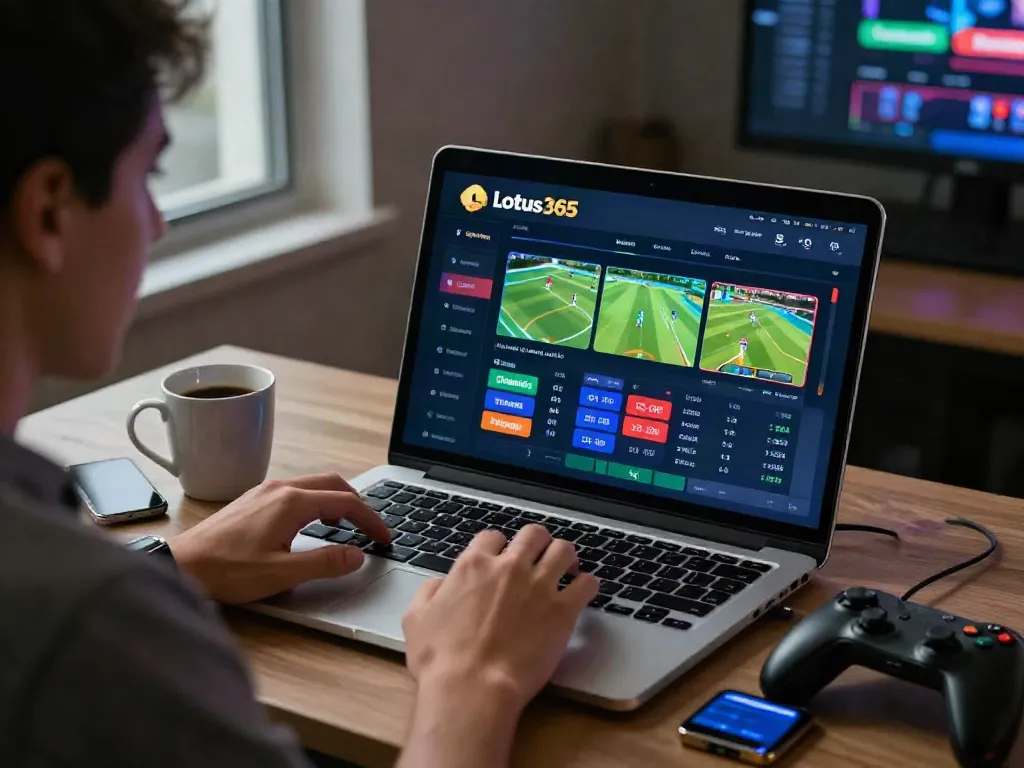 Engaged user exploring cricket, football, and tennis betting on Lotus365 with live odds displayed on laptop.
