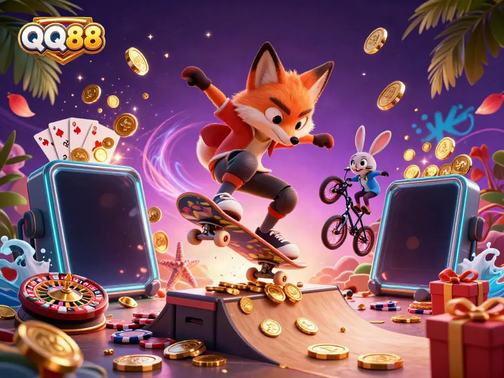 Experience QQ88's thrilling gaming scene with dynamic characters and vibrant casino elements in action.