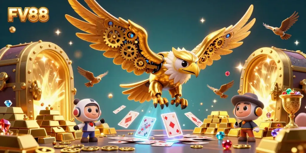 Engage with FV88's vibrant online casino world featuring a golden eagle diving through holographic cards.