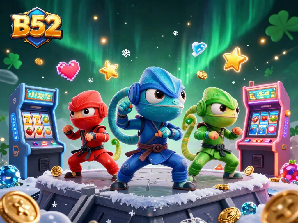 Spin the B52 slot reels with ninja chameleons, winning golden coins, and gaming action.