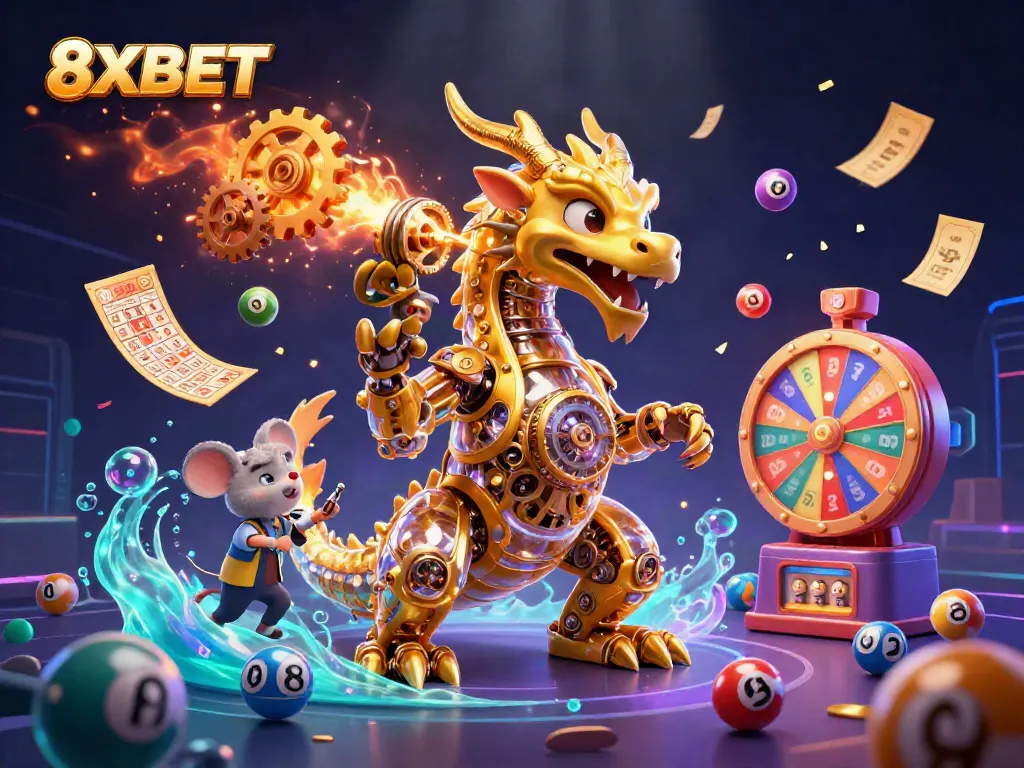 Experience the thrilling gameplay at 8XBET with captivating lottery elements and gold coins raining down.