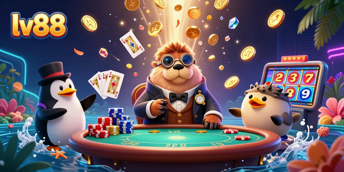 Experience thrilling casino action with lv88's underwater poker scene featuring a walrus, penguin dealer, and a bluffing pufferfish.