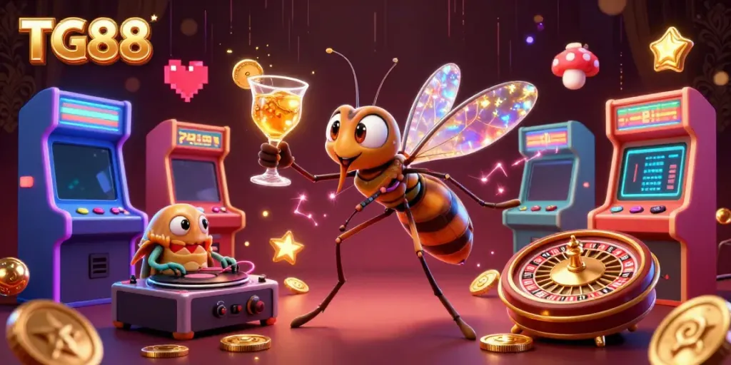 Experience TG88 with vibrant casino elements, including characters and games in a rich 3D scene.
