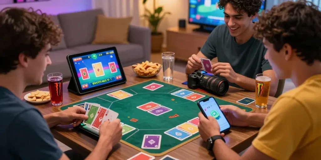 Engaging 3 Patti no1 online gaming scene with players strategizing over digital devices, displaying vibrant graphics and social atmosphere.