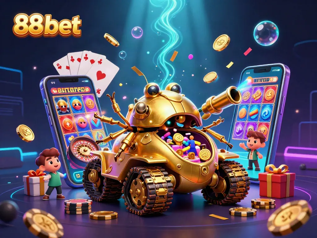 Experience the thrill of 88 bet with a vibrant 3D casino scene featuring a unique golden beetle tank.