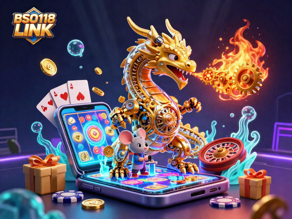 Experience the excitement of the BSO118 LINK casino world with a dynamic 3D rendition featuring a golden dragon and gaming elements.