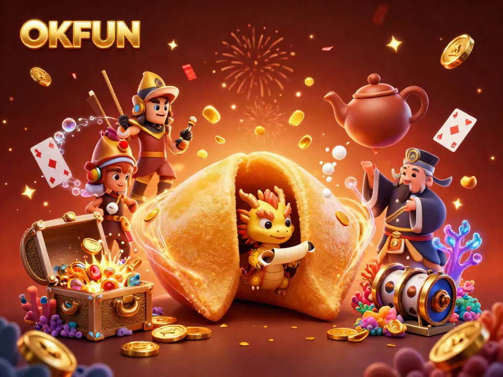 OKFUN players hit the jackpot amidst festive 3D casino illustrations filled with treasures and excitement.