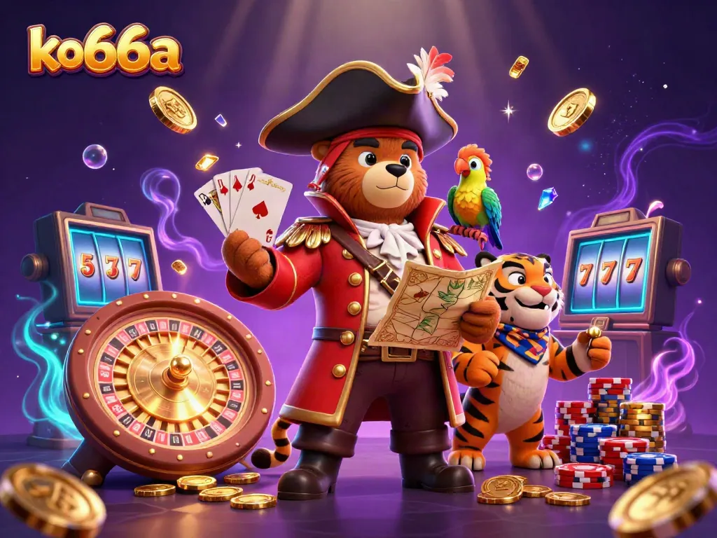 Engage in spectacular wins with KO66A's vibrant casino adventure featuring a pirate bear and tiger.