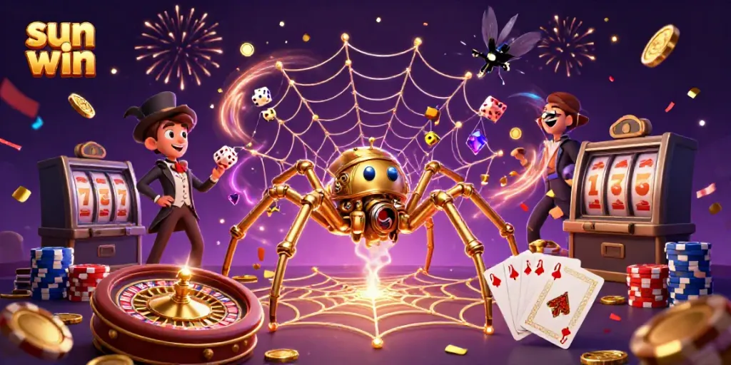 Engage in thrilling slots and games at sun win with vibrant golden coins and animated characters.