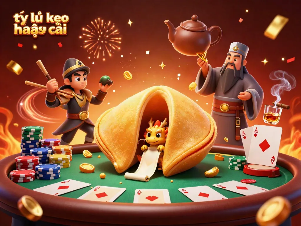 Experience the immersive action of tỷ lệ kèo nhà cái with a dynamic casino-themed scene featuring a fortune cookie and dragon.