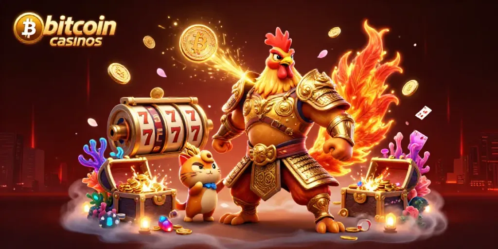 Experience thrilling bitcoin casinos with a 3D fighting rooster and dragon in a vibrant casino scene.