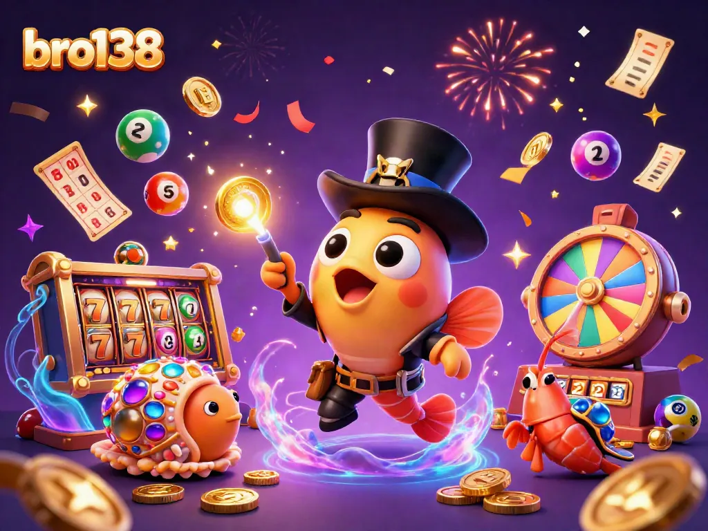 Engage with bro138's dynamic casino experience featuring golden coins, vibrant slot elements, and celebratory effects.