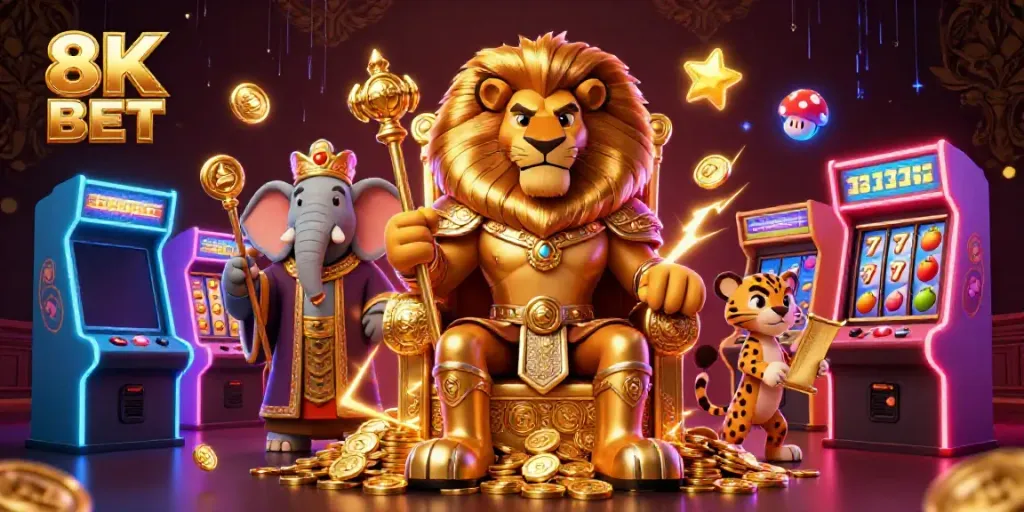Experience thrilling wins with 8K BET, featuring a majestic lion and vibrant slot elements.
