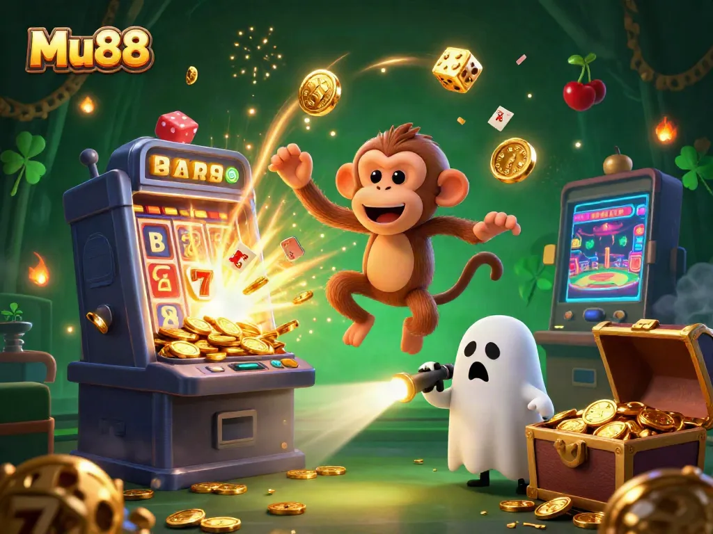 Experience the excitement of Mu88 with a playful poltergeist monkey and a curious puppy in a haunted casino.
